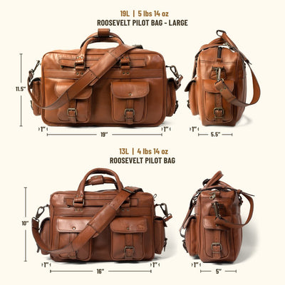 The Roosevelt Buffalo Leather Pilot Bag - Large is a full-grain water buffalo leather bag built for travel, work, and everyday carry.
Exterior dimensions: 19 inches long, 5.5 inches wide, 11.5 inches high. Laptop sleeve dimensions: 15.5 inches long, 8.5 inches wide. Laptop compatibility: fits most 17-inch laptops. Shoulder strap length: 61 inches fully extended, 49 inches at shortest setting. Exterior pocket depth: 1 inch. Total weight: 5 pounds 14 ounces (5.88 lbs / 2.67 kg). Material: full-grain water bu